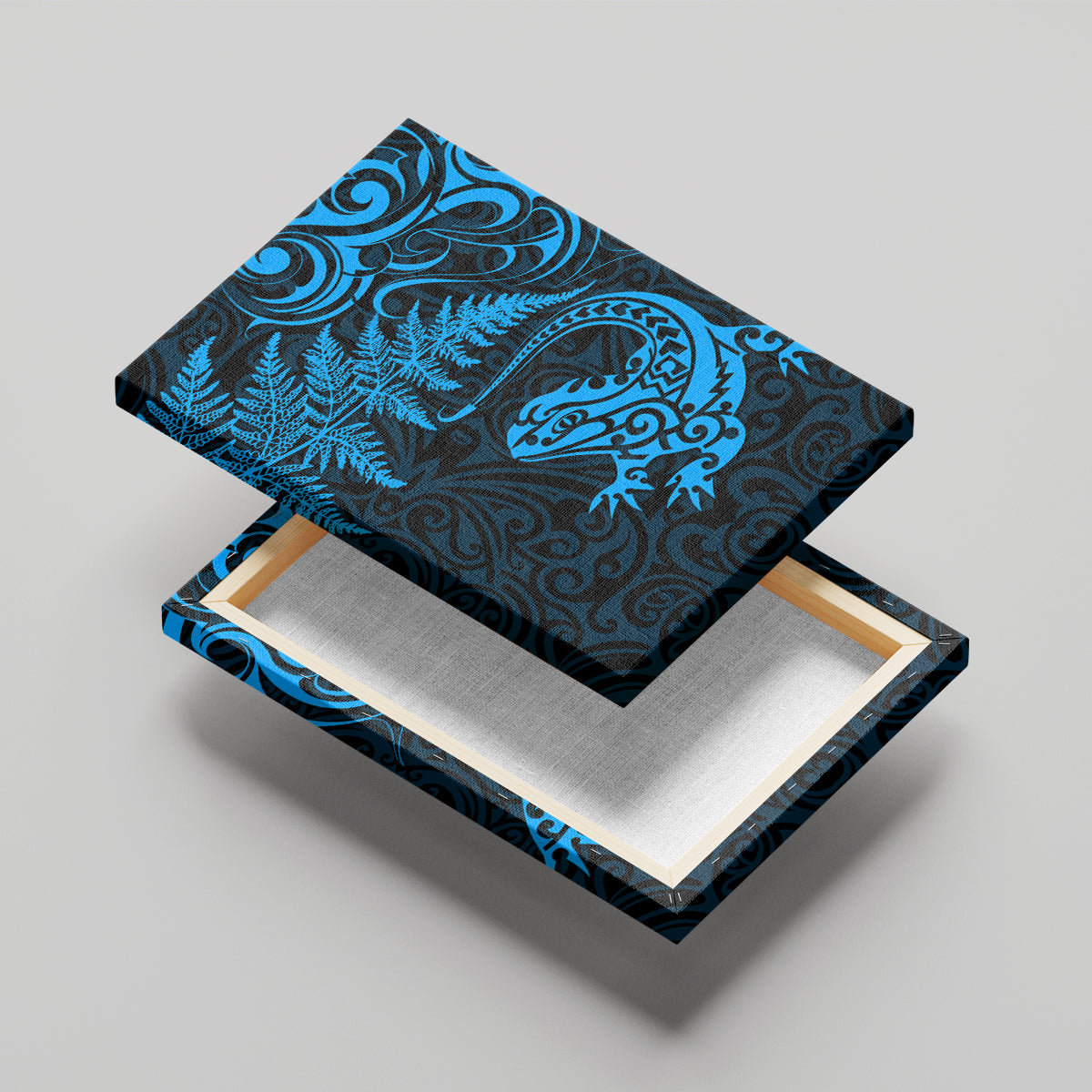 New Zealand Tuatara Tribal Tattoo Canvas Wall Art Silver Fern and Maori Pattern Blue Color