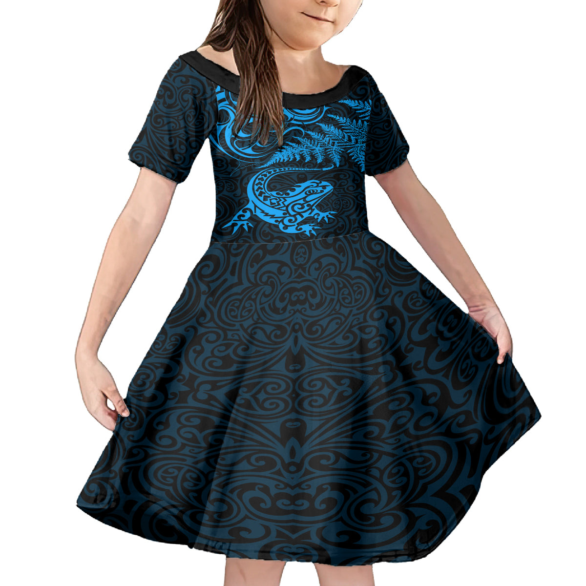 New Zealand Tuatara Tribal Tattoo Family Matching Long Sleeve Bodycon Dress and Hawaiian Shirt Silver Fern and Maori Pattern Blue Color