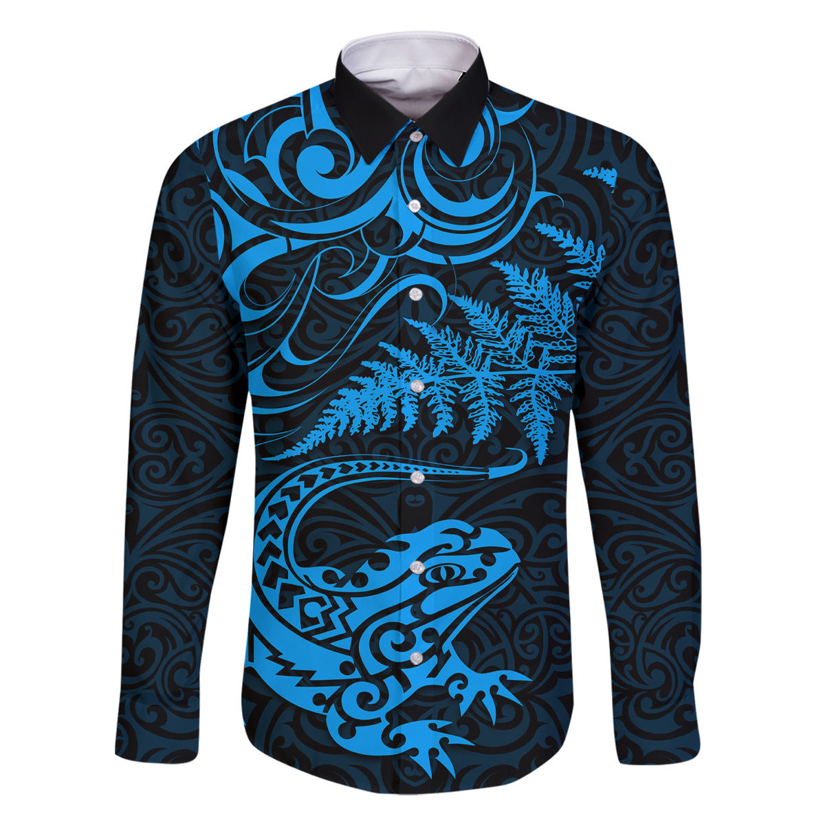 New Zealand Tuatara Tribal Tattoo Family Matching Off The Shoulder Long Sleeve Dress and Hawaiian Shirt Silver Fern and Maori Pattern Blue Color
