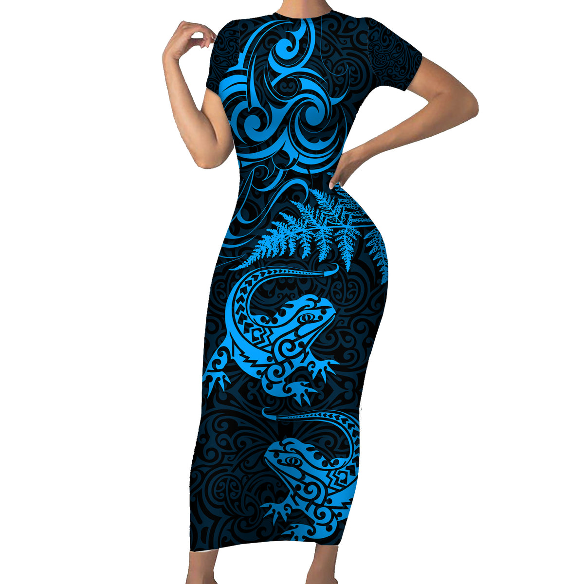 New Zealand Tuatara Tribal Tattoo Family Matching Short Sleeve Bodycon Dress and Hawaiian Shirt Silver Fern and Maori Pattern Blue Color