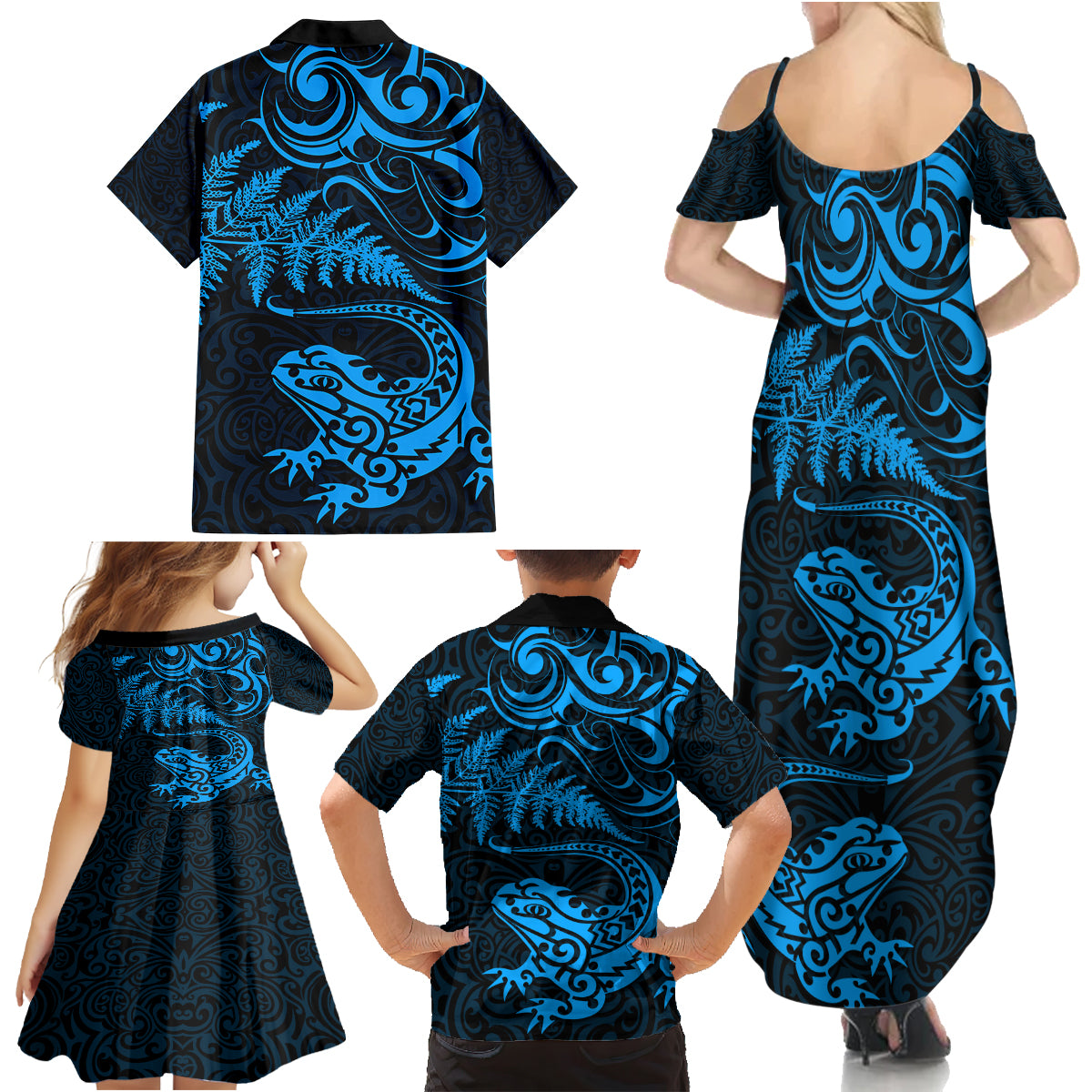 New Zealand Tuatara Tribal Tattoo Family Matching Summer Maxi Dress and Hawaiian Shirt Silver Fern and Maori Pattern Blue Color LT03 - Polynesian Pride