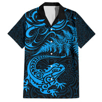 New Zealand Tuatara Tribal Tattoo Family Matching Summer Maxi Dress and Hawaiian Shirt Silver Fern and Maori Pattern Blue Color LT03 Dad's Shirt - Short Sleeve Blue - Polynesian Pride