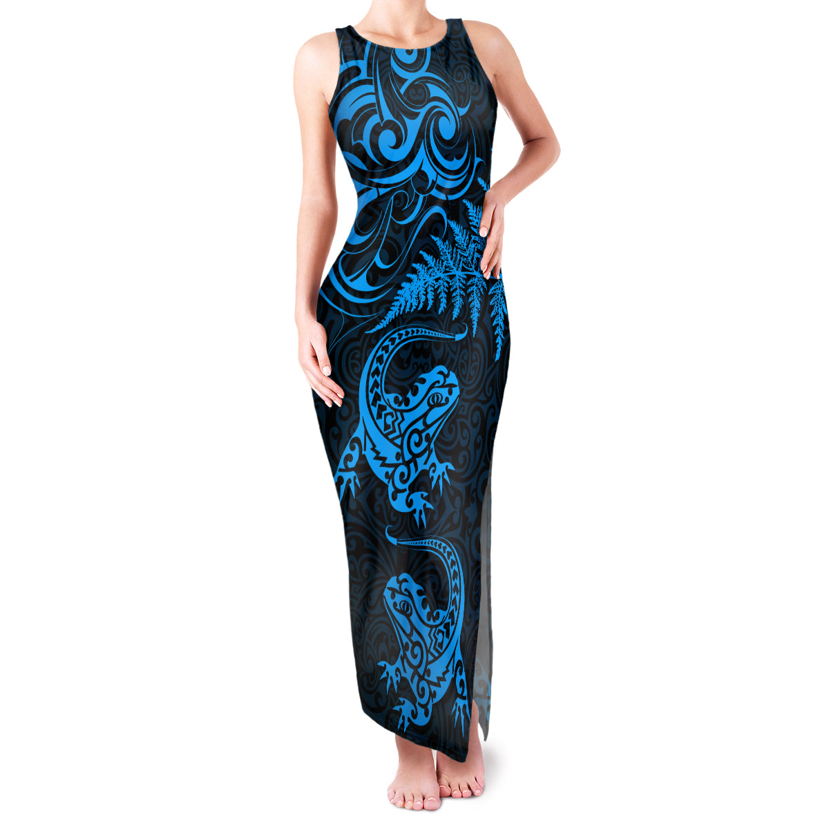 New Zealand Tuatara Tribal Tattoo Family Matching Tank Maxi Dress and Hawaiian Shirt Silver Fern and Maori Pattern Blue Color