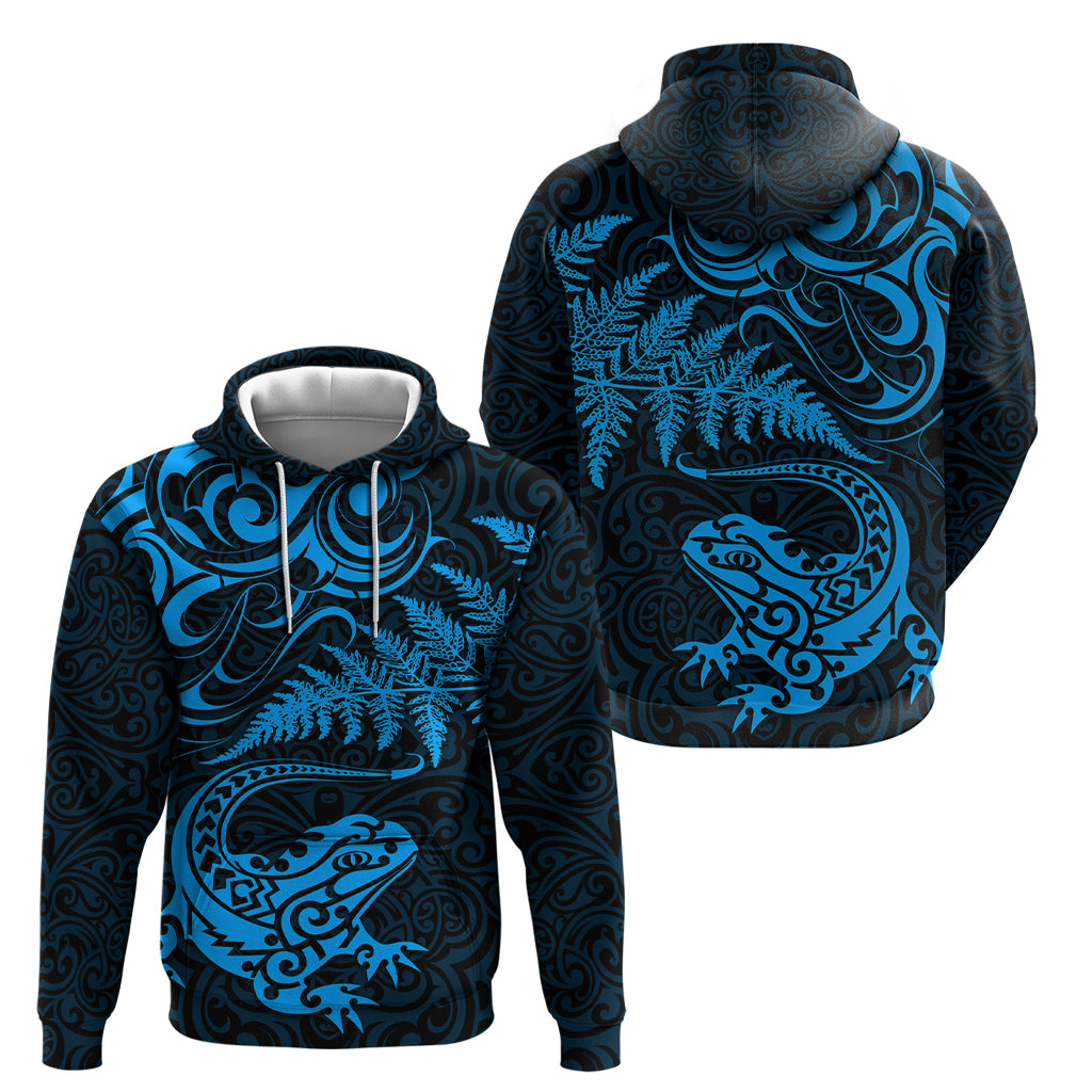 New Zealand Tuatara Tribal Tattoo Hoodie Silver Fern and Maori Pattern Blue Color