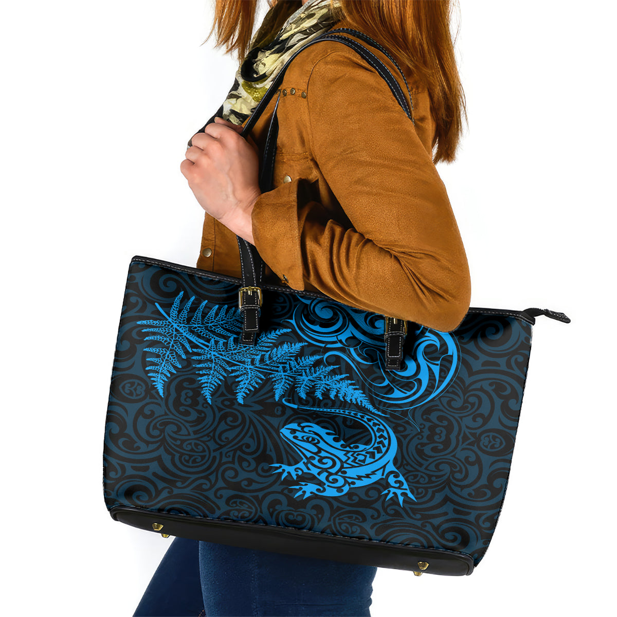 New Zealand Tuatara Tribal Tattoo Leather Tote Bag Silver Fern and Maori Pattern Blue Color