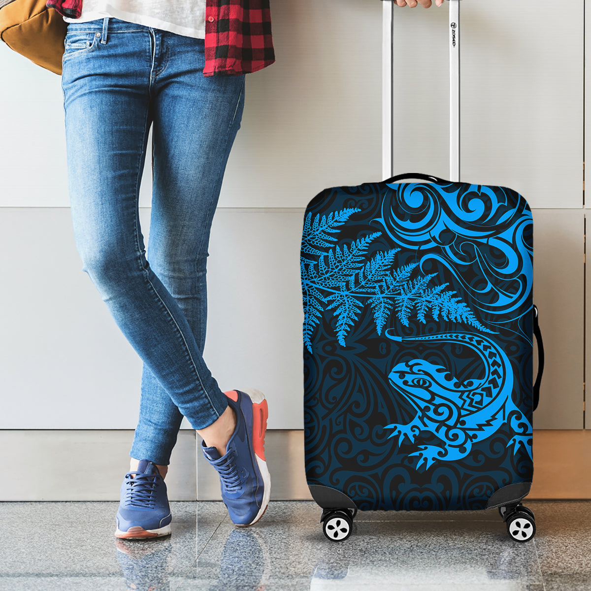 New Zealand Tuatara Tribal Tattoo Luggage Cover Silver Fern and Maori Pattern Blue Color