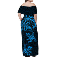 New Zealand Tuatara Tribal Tattoo Off Shoulder Maxi Dress Silver Fern and Maori Pattern Blue Color LT03 - Polynesian Pride
