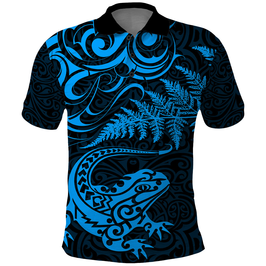 New Zealand Tuatara Tribal Tattoo Polo Shirt Silver Fern and Maori Pattern Blue Color