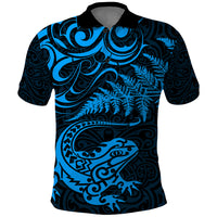 New Zealand Tuatara Tribal Tattoo Polo Shirt Silver Fern and Maori Pattern Blue Color