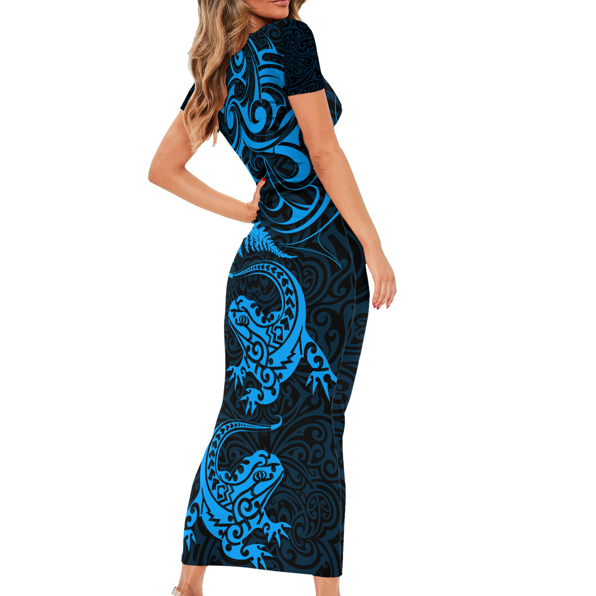 New Zealand Tuatara Tribal Tattoo Short Sleeve Bodycon Dress Silver Fern and Maori Pattern Blue Color LT03 - Polynesian Pride