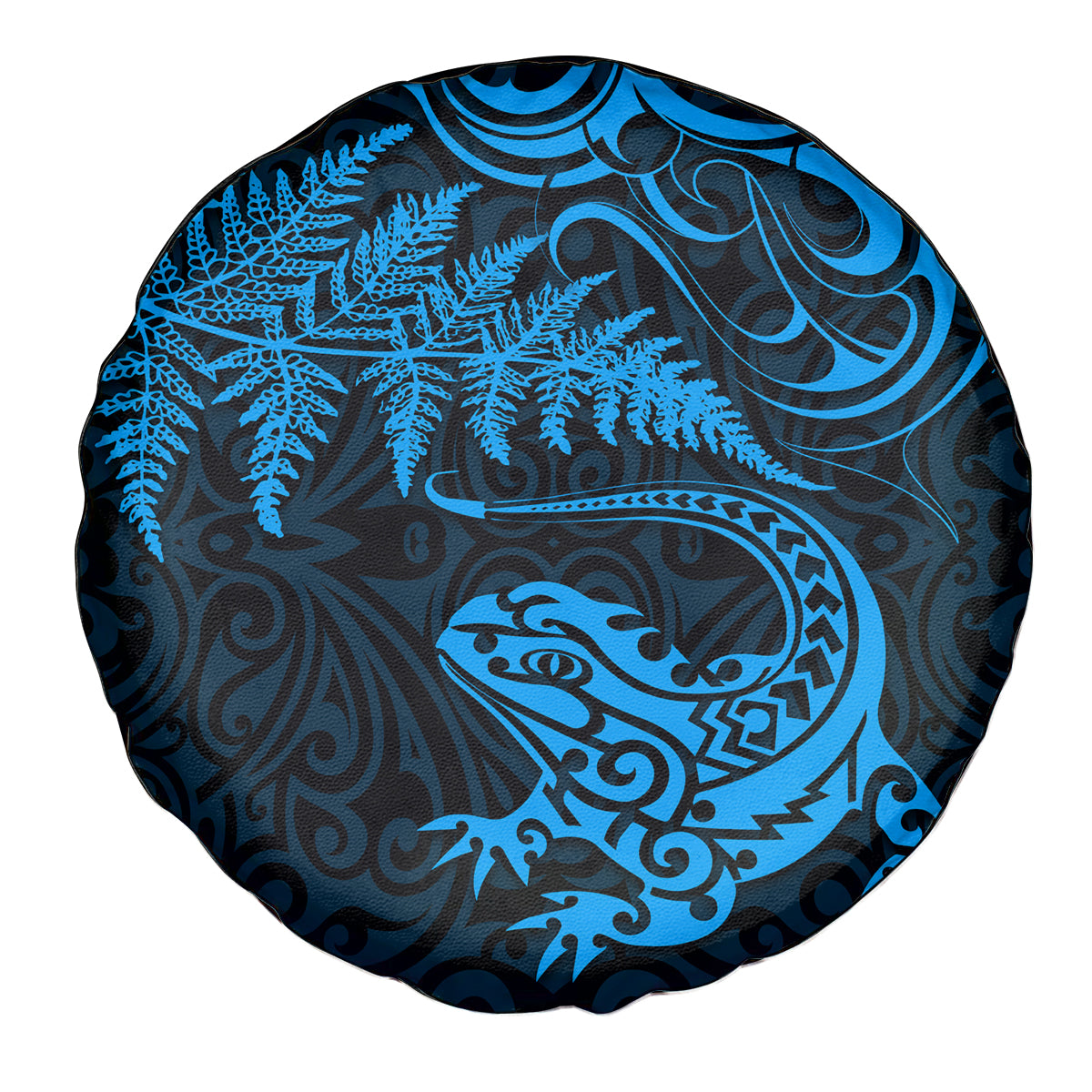 New Zealand Tuatara Tribal Tattoo Spare Tire Cover Silver Fern and Maori Pattern Blue Color