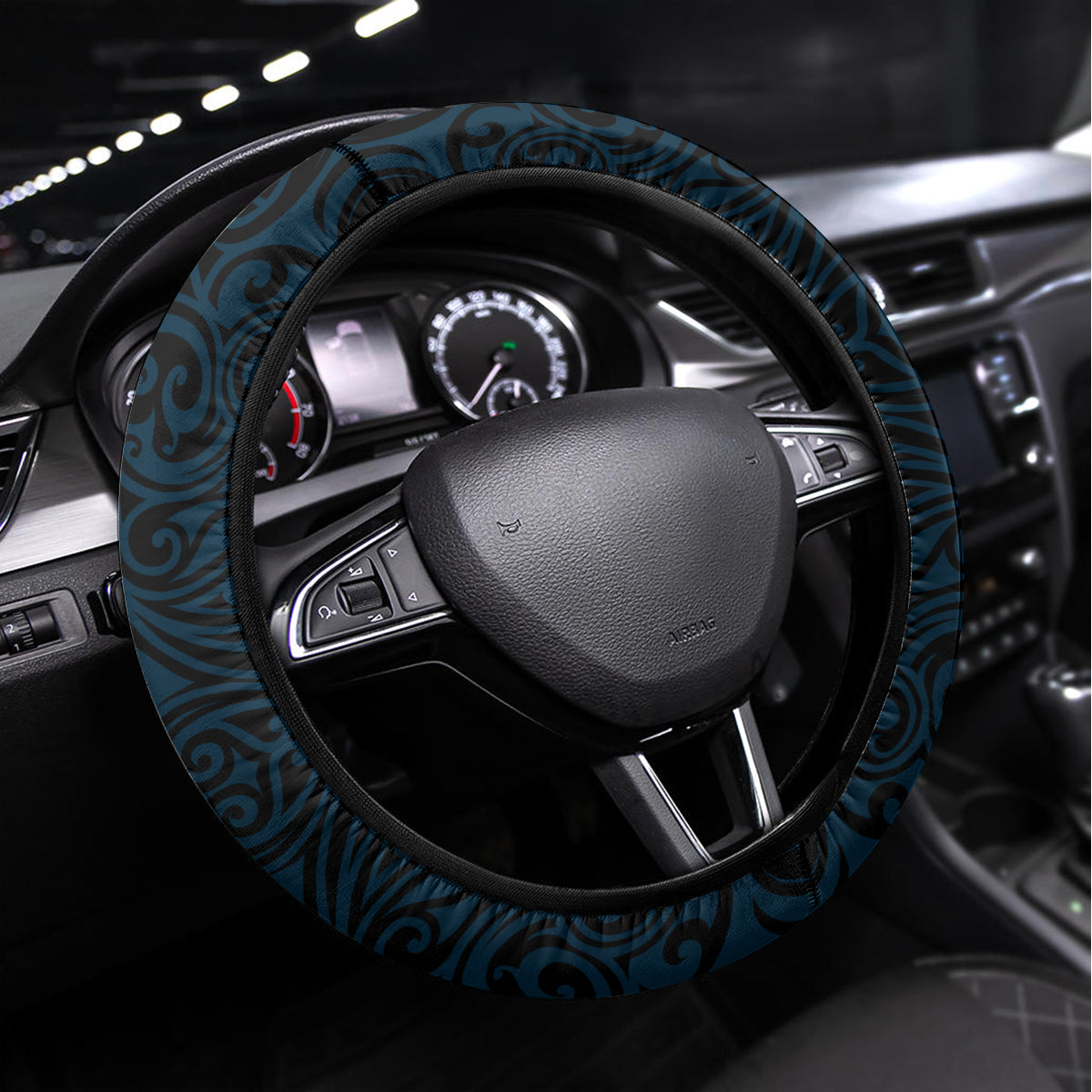 New Zealand Tuatara Tribal Tattoo Steering Wheel Cover Silver Fern and Maori Pattern Blue Color