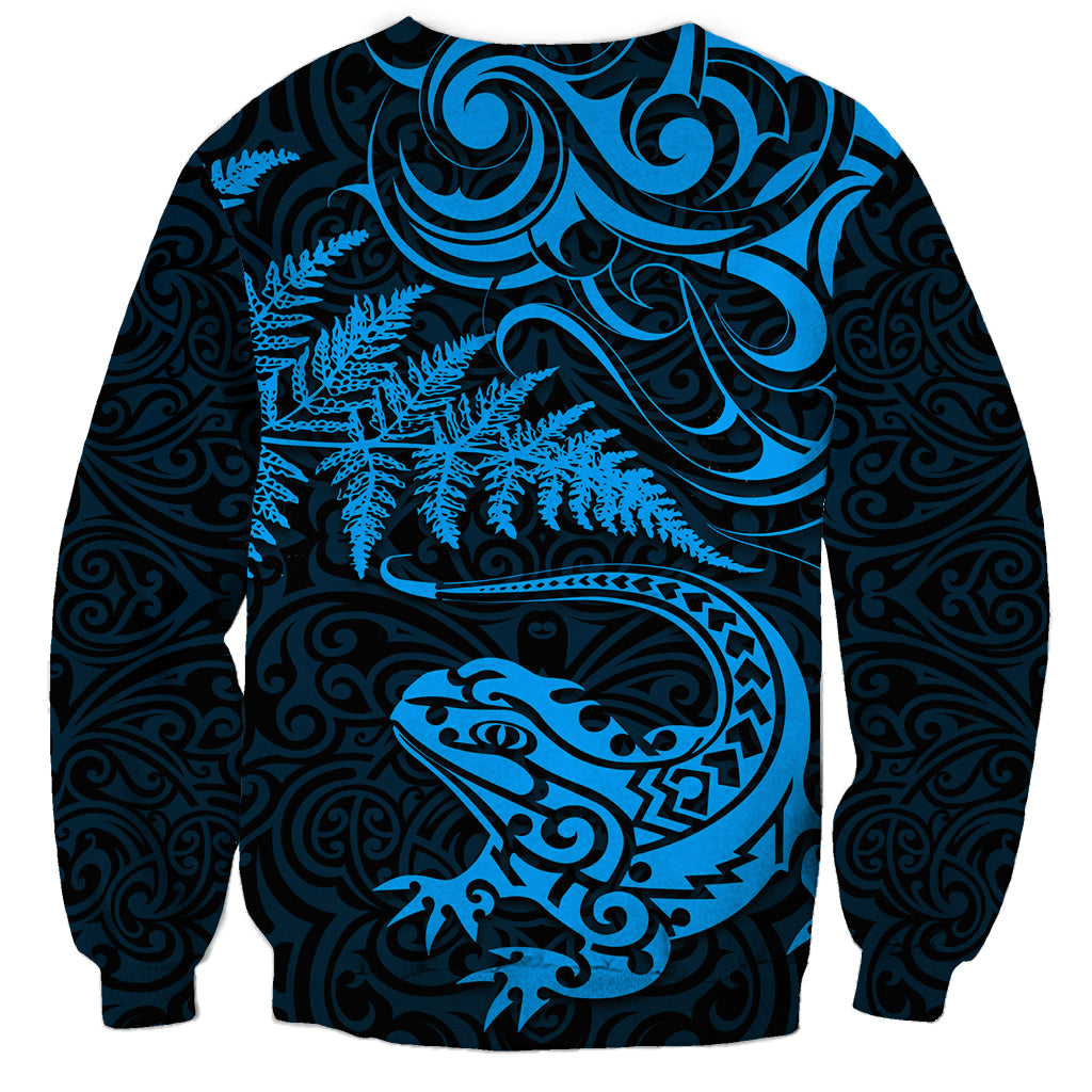 New Zealand Tuatara Tribal Tattoo Sweatshirt Silver Fern and Maori Pattern Blue Color