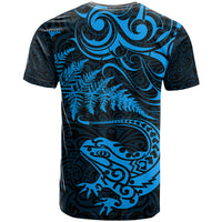New Zealand Tuatara Tribal Tattoo T Shirt Silver Fern and Maori Pattern Blue Color
