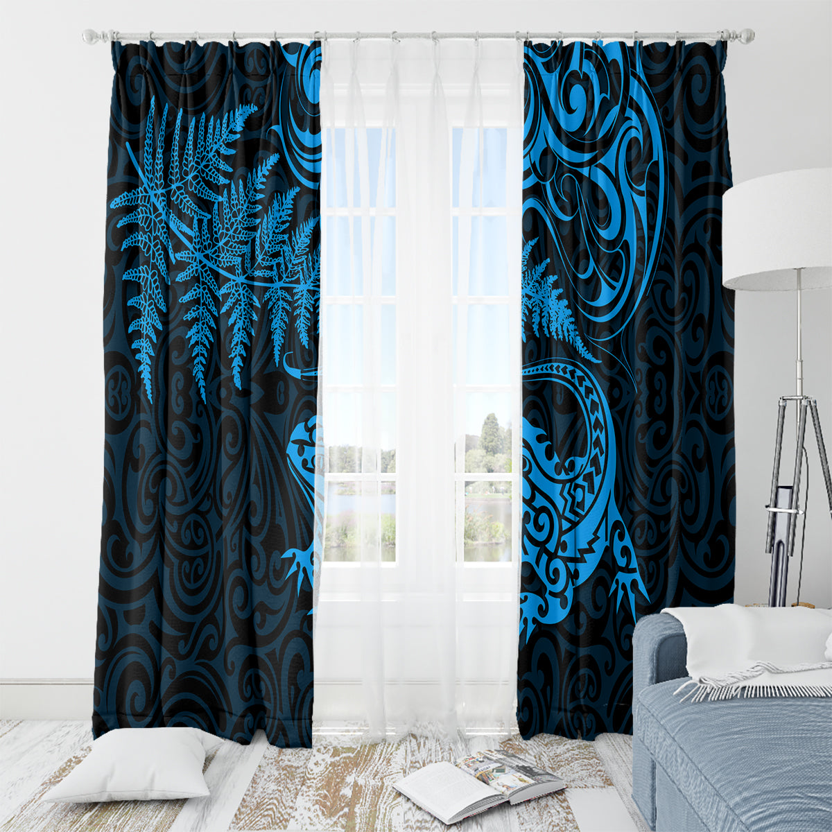 New Zealand Tuatara Tribal Tattoo Window Curtain Silver Fern and Maori Pattern Blue Color