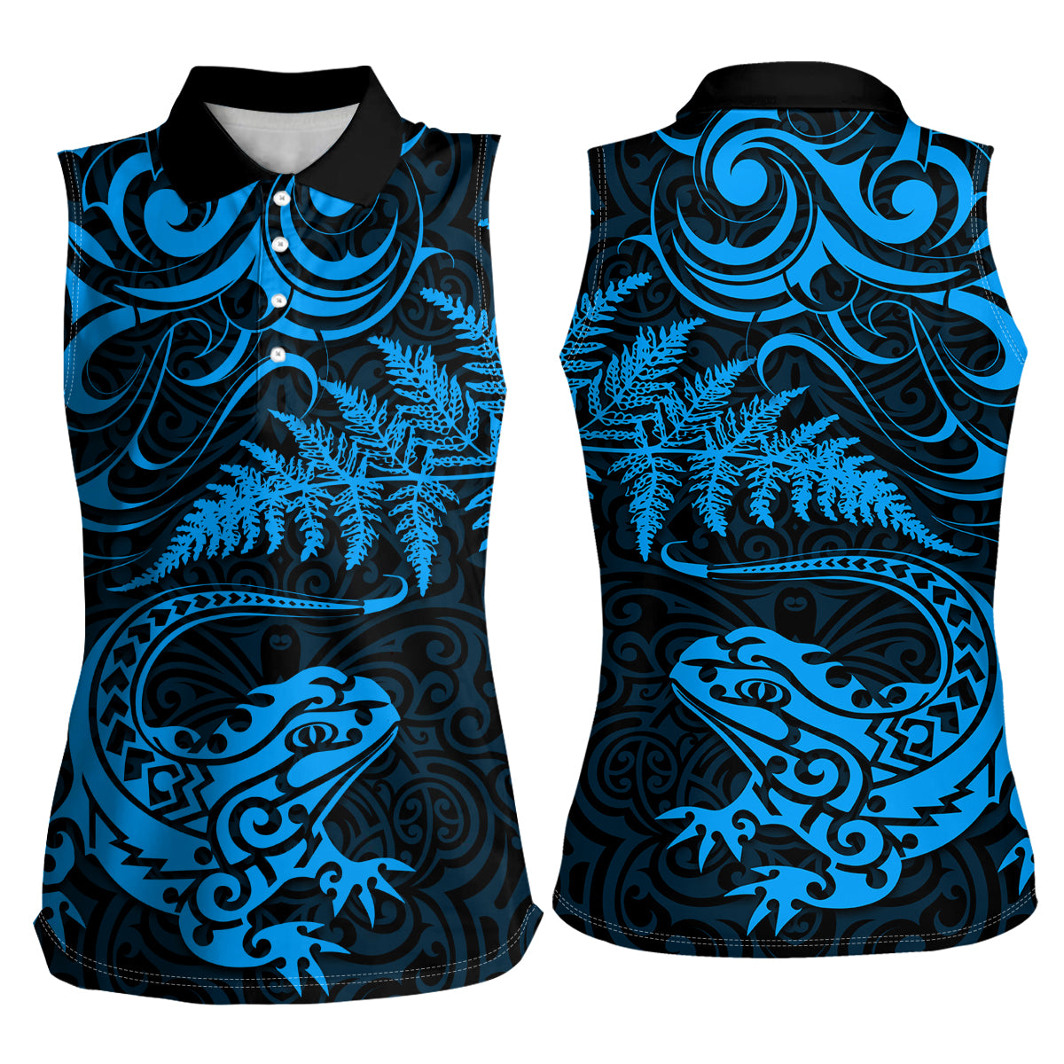 New Zealand Tuatara Tribal Tattoo Women Sleeveless Polo Shirt Silver Fern and Maori Pattern Blue Color
