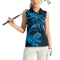 New Zealand Tuatara Tribal Tattoo Women Sleeveless Polo Shirt Silver Fern and Maori Pattern Blue Color