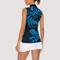 New Zealand Tuatara Tribal Tattoo Women Sleeveless Polo Shirt Silver Fern and Maori Pattern Blue Color