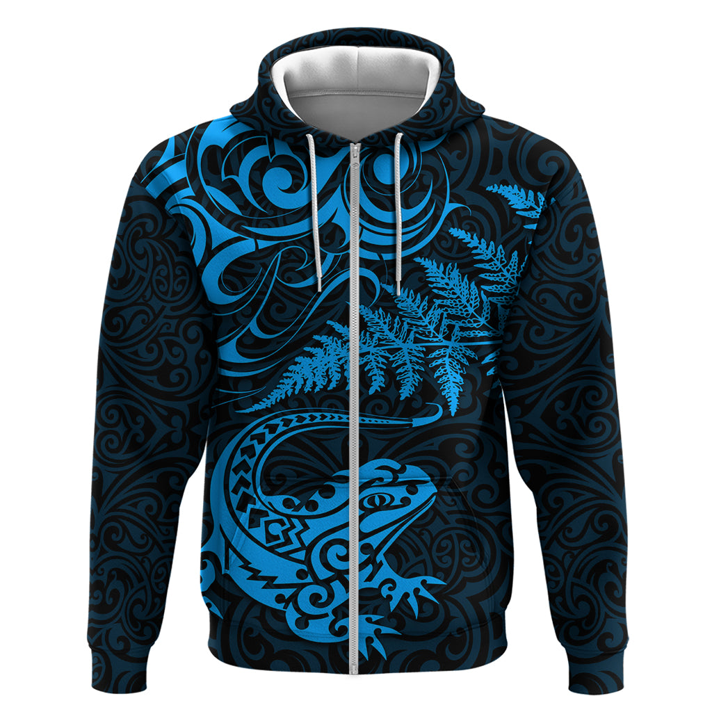 New Zealand Tuatara Tribal Tattoo Zip Hoodie Silver Fern and Maori Pattern Blue Color LT03 Zip Hoodie Blue - Polynesian Pride
