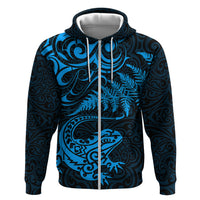 New Zealand Tuatara Tribal Tattoo Zip Hoodie Silver Fern and Maori Pattern Blue Color LT03 Zip Hoodie Blue - Polynesian Pride