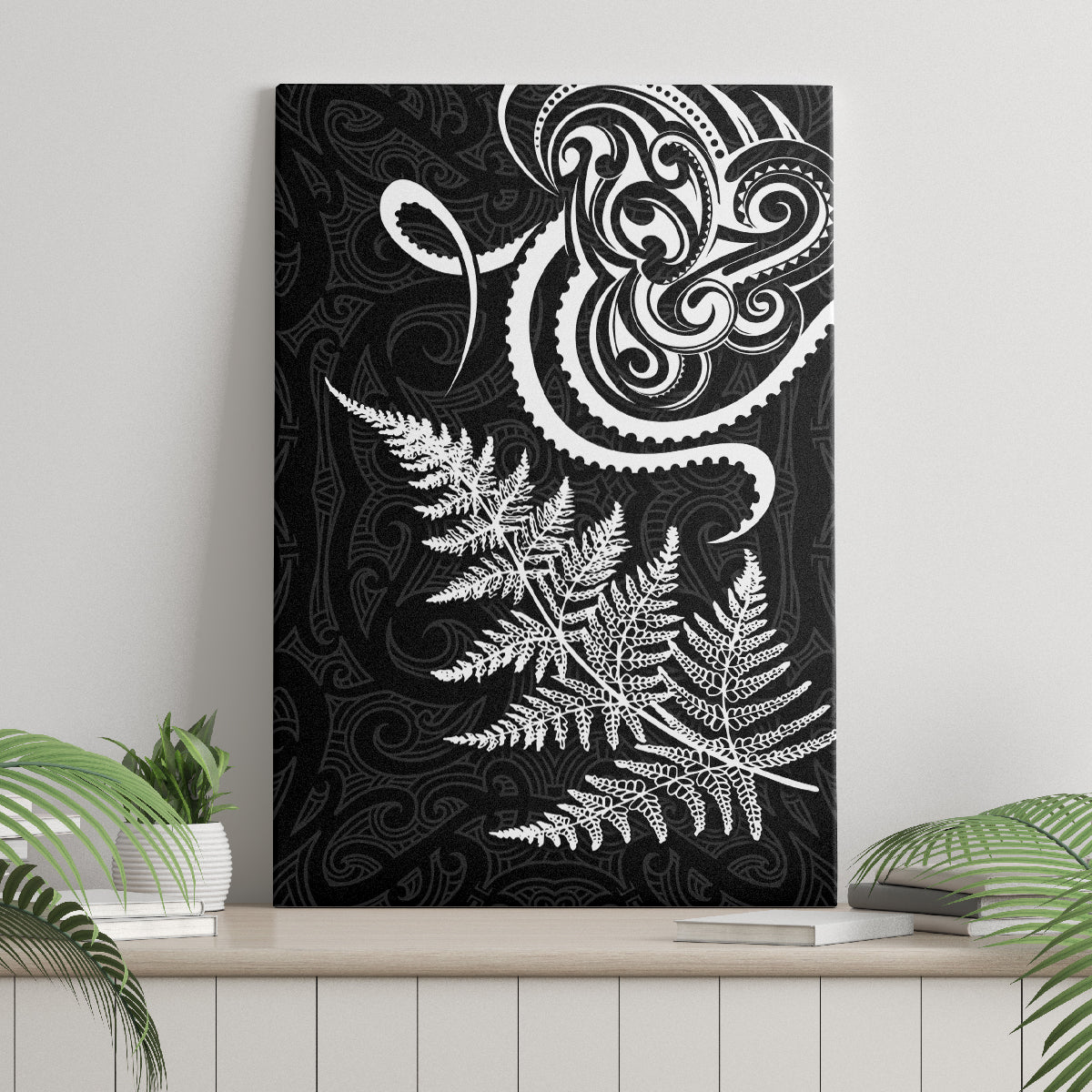 New Zealand Octopus Tattoo and Fern Canvas Wall Art Maori Pattern