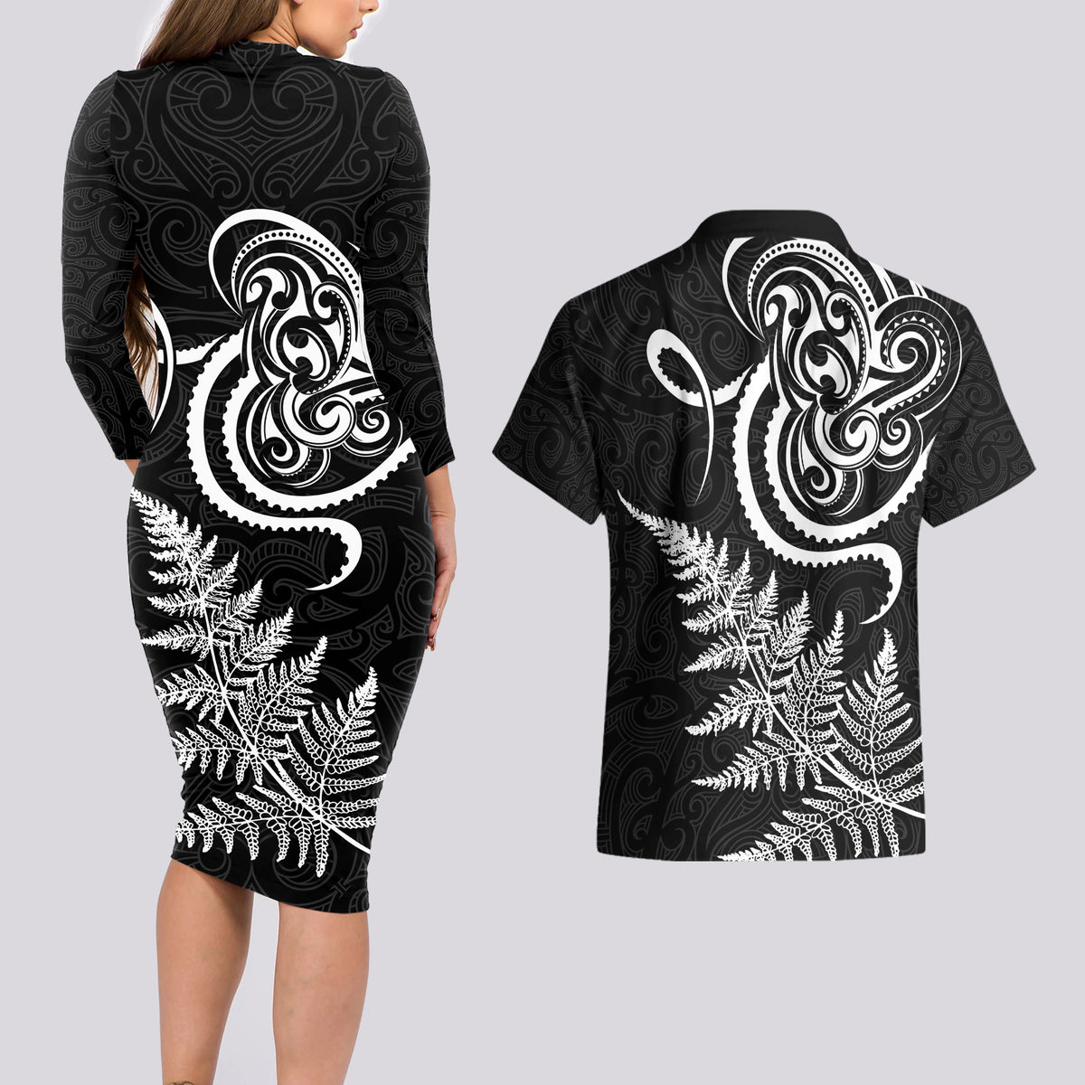 New Zealand Octopus Tattoo and Fern Couples Matching Long Sleeve Bodycon Dress and Hawaiian Shirt Maori Pattern LT03 - Polynesian Pride
