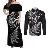 New Zealand Octopus Tattoo and Fern Couples Matching Off Shoulder Maxi Dress and Long Sleeve Button Shirt Maori Pattern