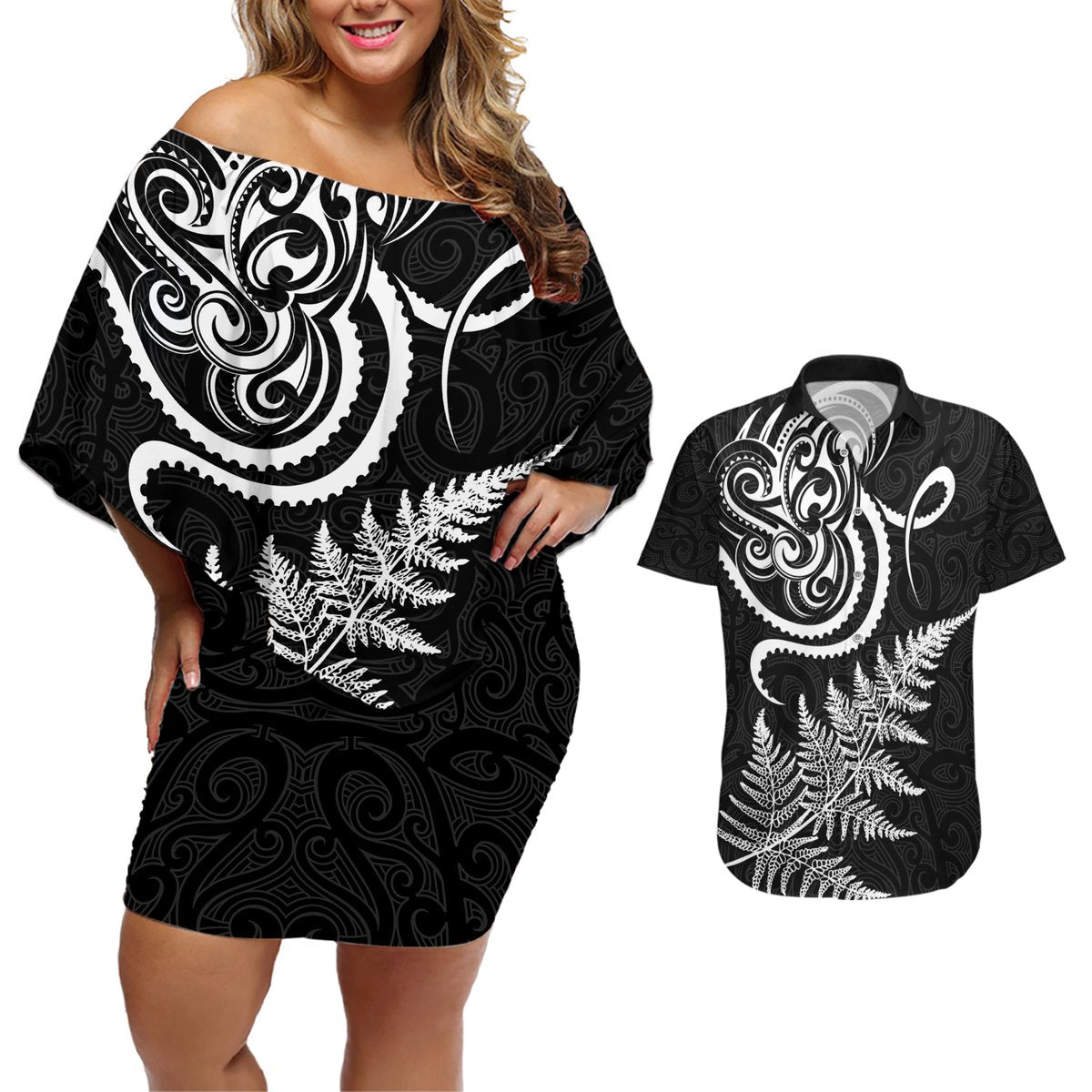New Zealand Octopus Tattoo and Fern Couples Matching Off Shoulder Short Dress and Hawaiian Shirt Maori Pattern LT03 Black - Polynesian Pride