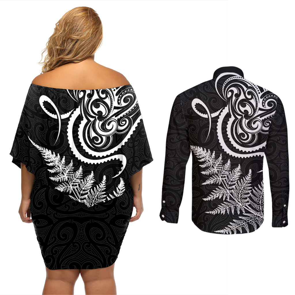 New Zealand Octopus Tattoo and Fern Couples Matching Off Shoulder Short Dress and Long Sleeve Button Shirt Maori Pattern