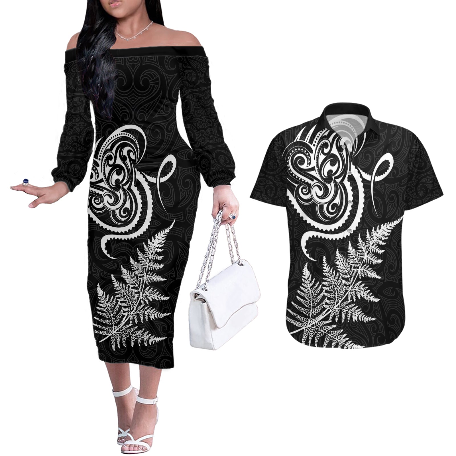 New Zealand Octopus Tattoo and Fern Couples Matching Off The Shoulder Long Sleeve Dress and Hawaiian Shirt Maori Pattern
