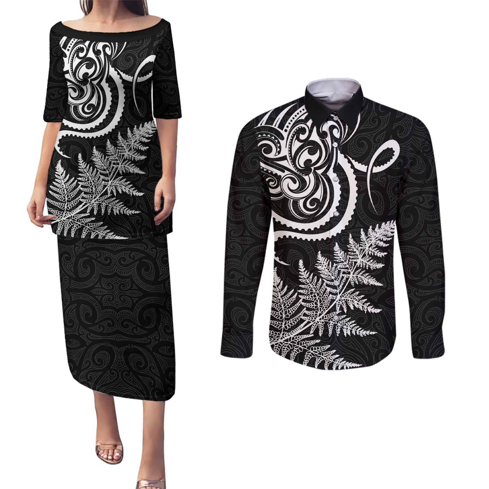 New Zealand Octopus Tattoo and Fern Couples Matching Puletasi and Long Sleeve Button Shirt Maori Pattern