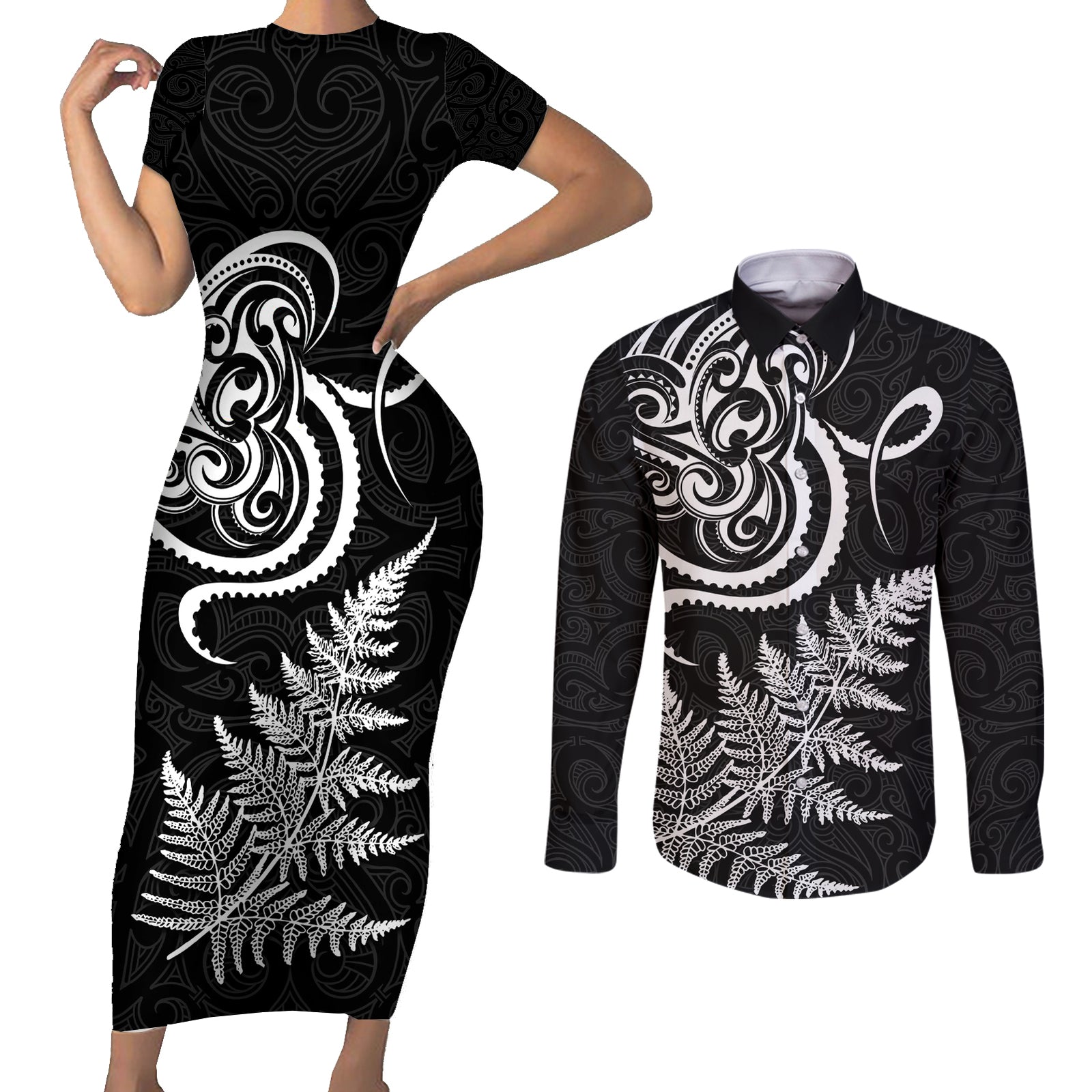 New Zealand Octopus Tattoo and Fern Couples Matching Short Sleeve Bodycon Dress and Long Sleeve Button Shirt Maori Pattern