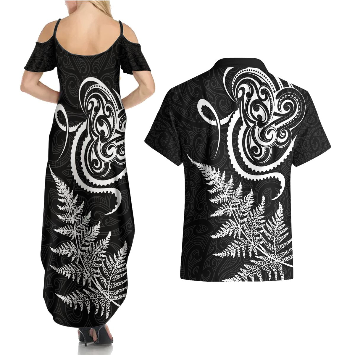 New Zealand Octopus Tattoo and Fern Couples Matching Summer Maxi Dress and Hawaiian Shirt Maori Pattern LT03 - Polynesian Pride