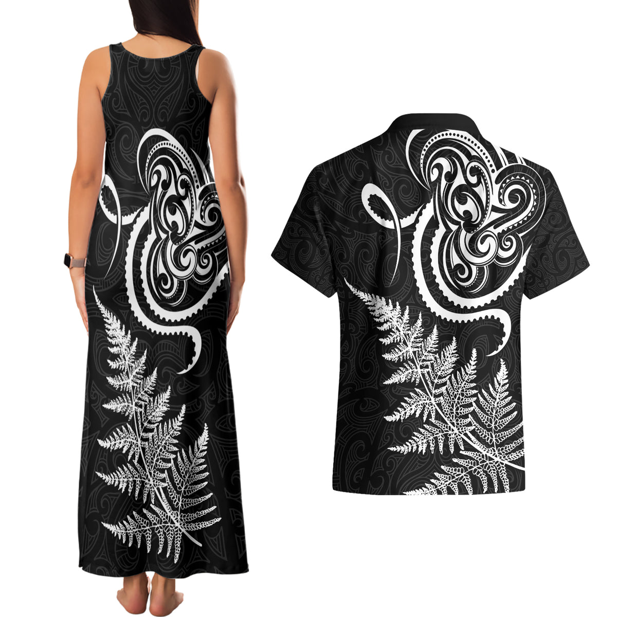 New Zealand Octopus Tattoo and Fern Couples Matching Tank Maxi Dress and Hawaiian Shirt Maori Pattern LT03 - Polynesian Pride