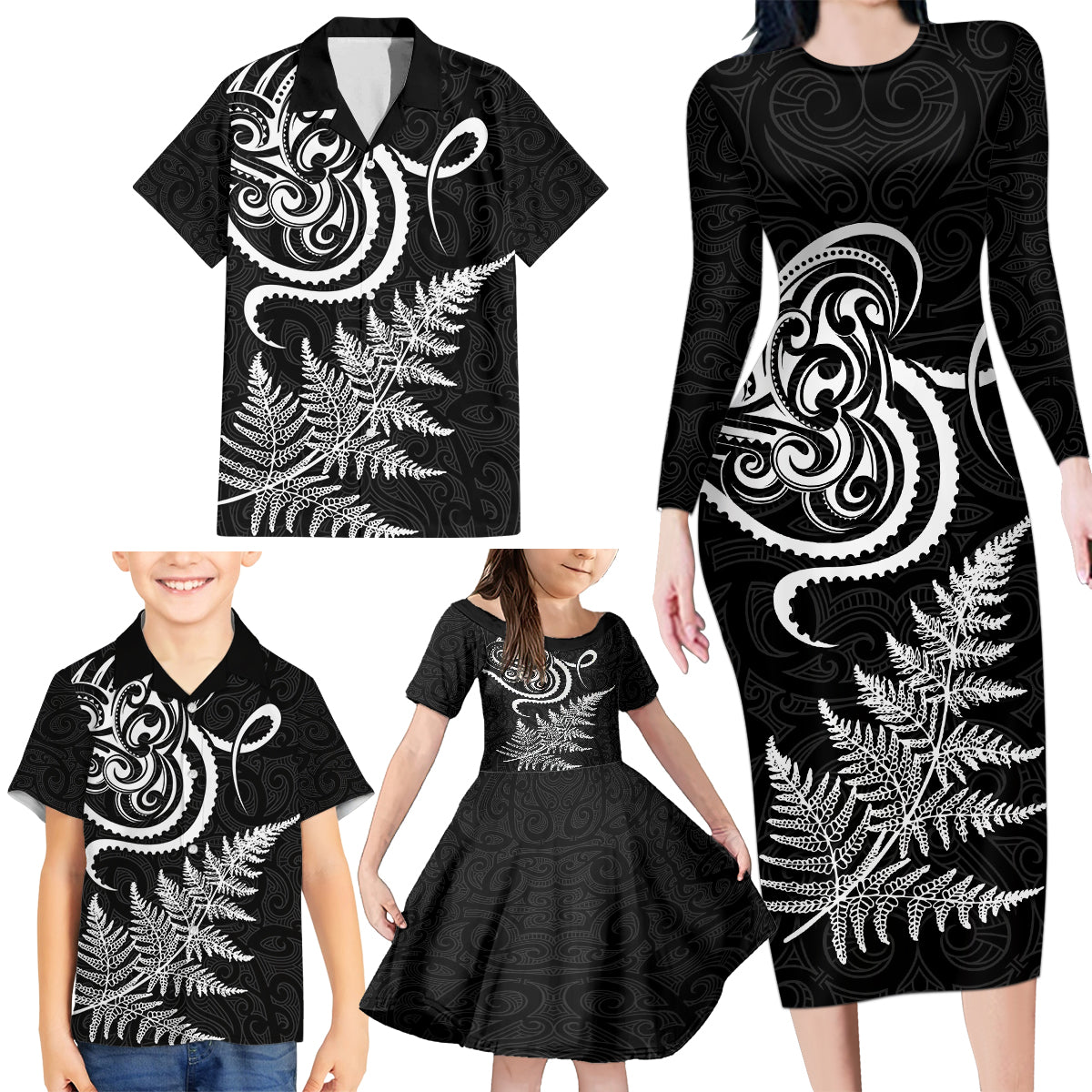 New Zealand Octopus Tattoo and Fern Family Matching Long Sleeve Bodycon Dress and Hawaiian Shirt Maori Pattern LT03 - Polynesian Pride