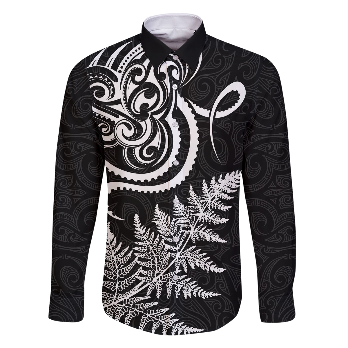 New Zealand Octopus Tattoo and Fern Family Matching Long Sleeve Bodycon Dress and Hawaiian Shirt Maori Pattern LT03 Dad's Shirt - Long Sleeve Black - Polynesian Pride