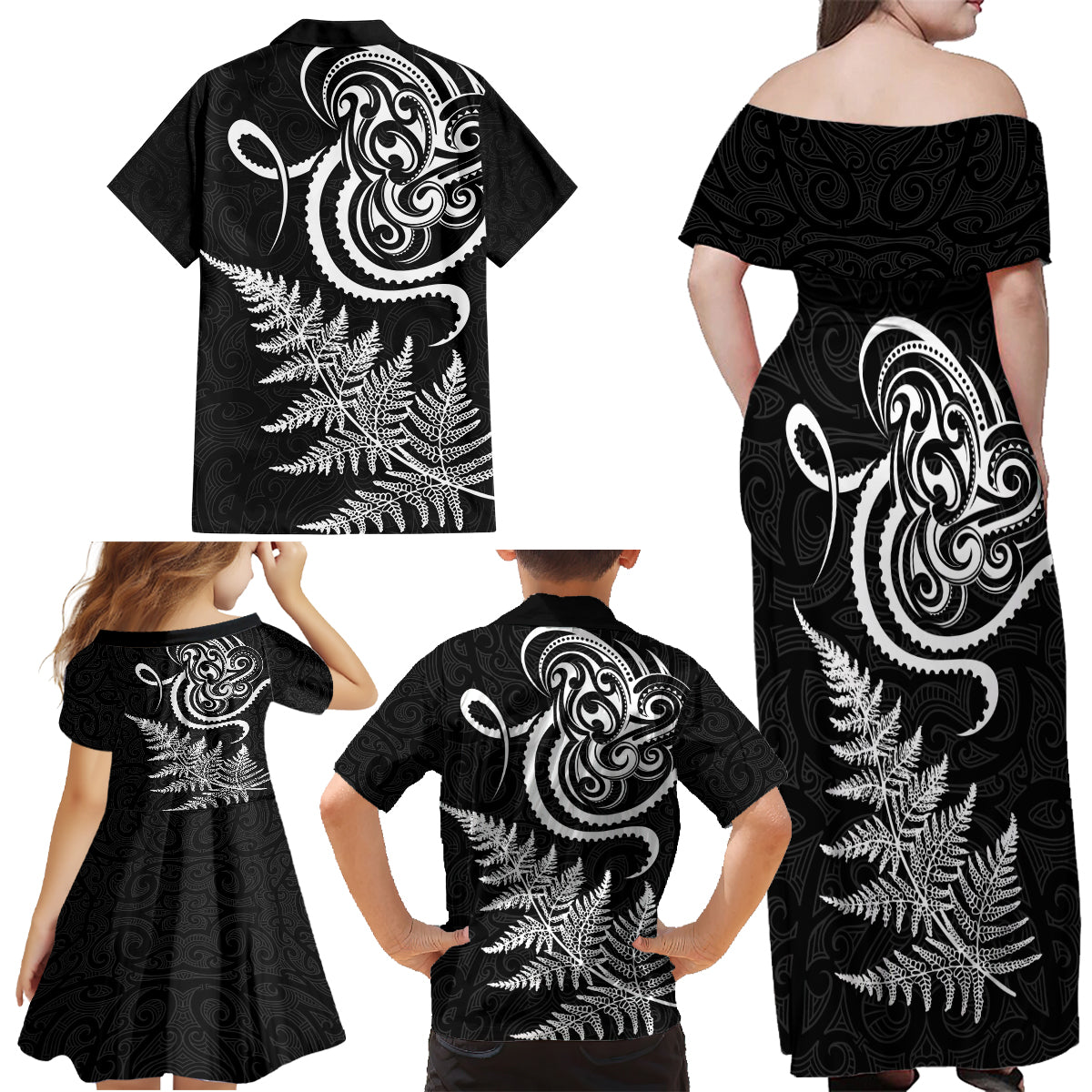 New Zealand Octopus Tattoo and Fern Family Matching Off Shoulder Maxi Dress and Hawaiian Shirt Maori Pattern