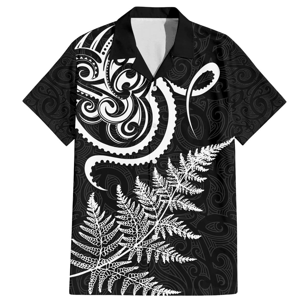 New Zealand Octopus Tattoo and Fern Family Matching Puletasi and Hawaiian Shirt Maori Pattern LT03 Dad's Shirt - Short Sleeve Black - Polynesian Pride