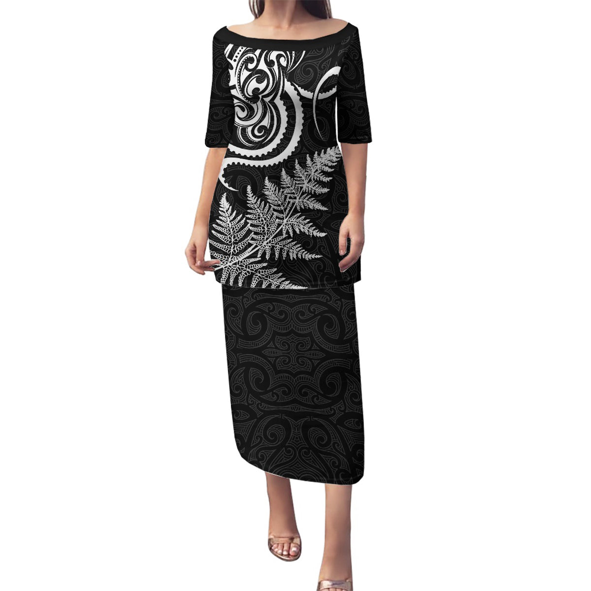 New Zealand Octopus Tattoo and Fern Family Matching Puletasi and Hawaiian Shirt Maori Pattern LT03 Mom's Dress Black - Polynesian Pride