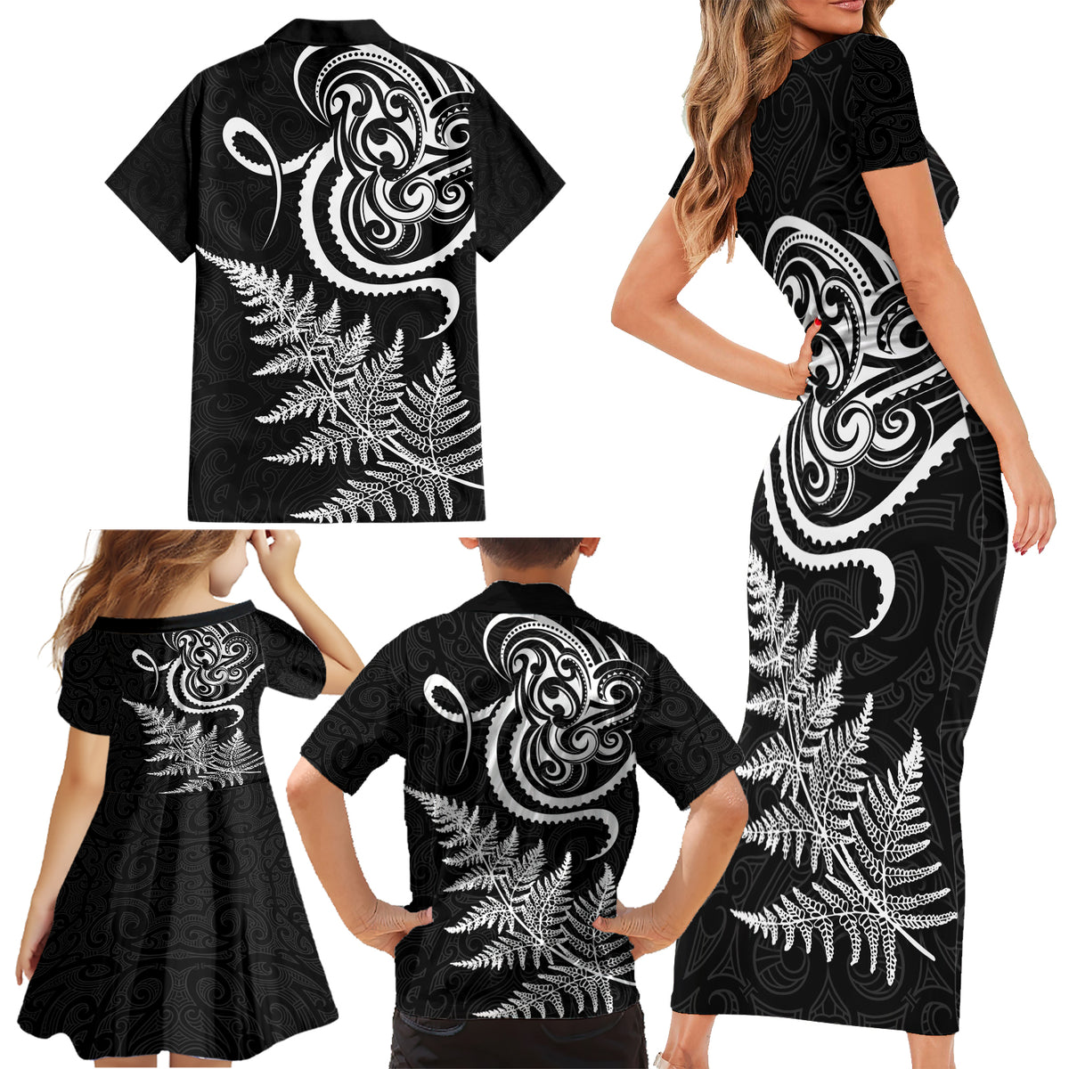 New Zealand Octopus Tattoo and Fern Family Matching Short Sleeve Bodycon Dress and Hawaiian Shirt Maori Pattern LT03 - Polynesian Pride