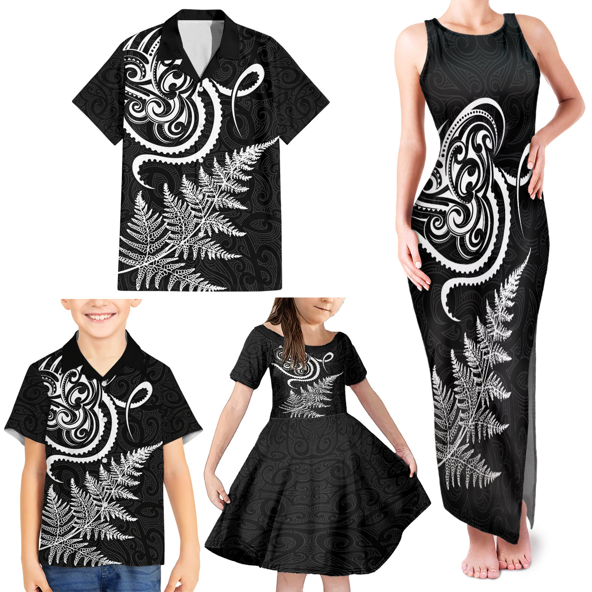 New Zealand Octopus Tattoo and Fern Family Matching Tank Maxi Dress and Hawaiian Shirt Maori Pattern LT03 - Polynesian Pride