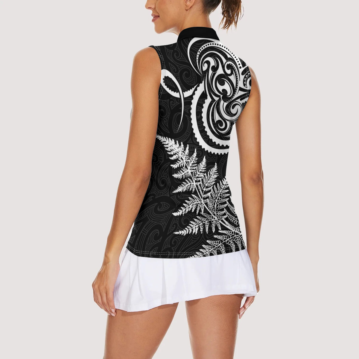 New Zealand Octopus Tattoo and Fern Women Sleeveless Polo Shirt Maori Pattern