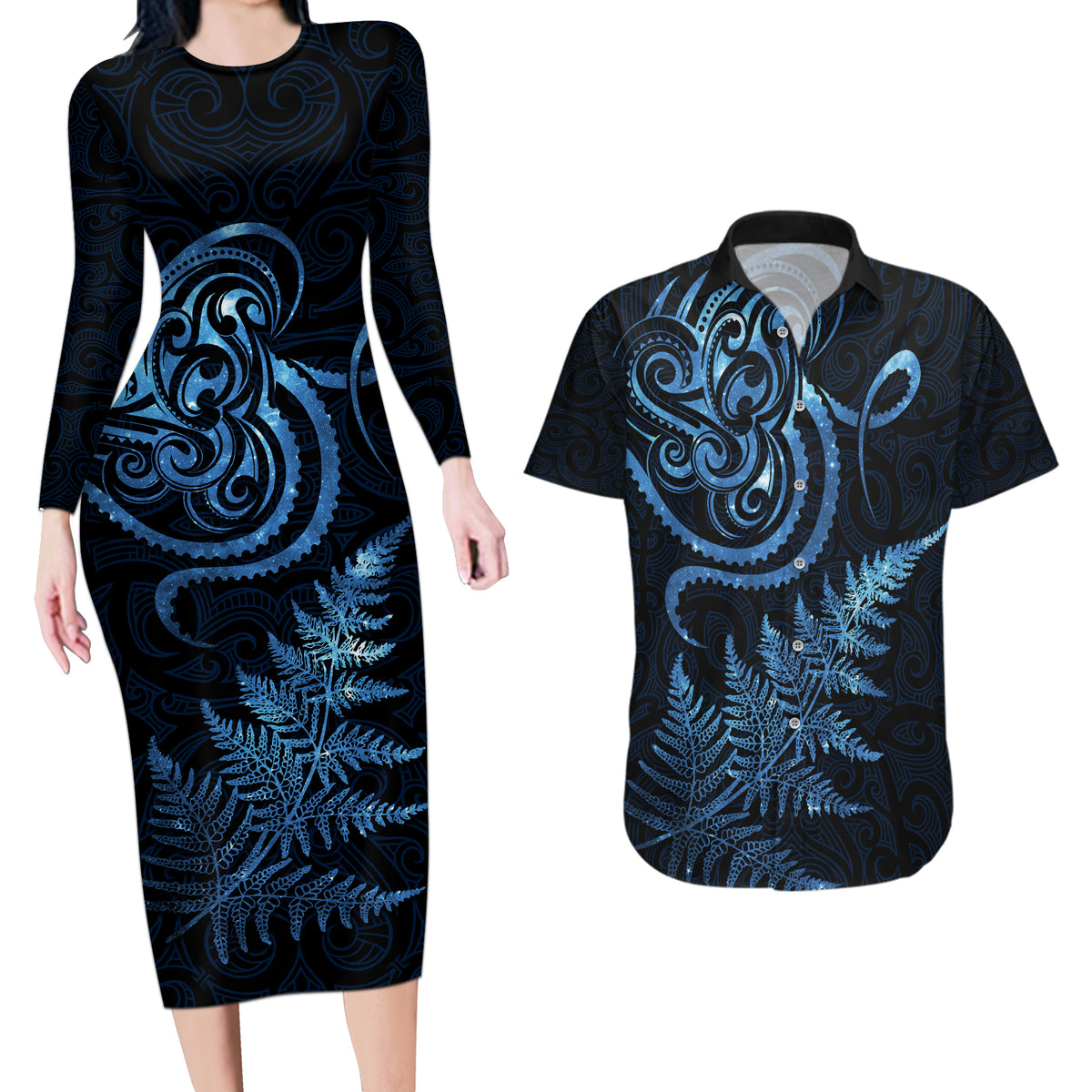 New Zealand Octopus Tattoo and Fern Couples Matching Long Sleeve Bodycon Dress and Hawaiian Shirt Maori Pattern Matariki Style LT03 Blue - Polynesian Pride