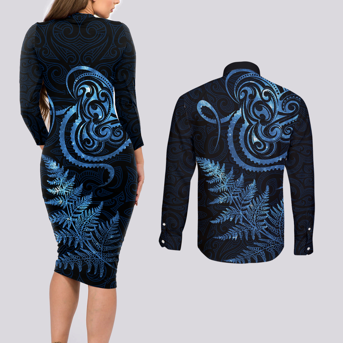 New Zealand Octopus Tattoo and Fern Couples Matching Long Sleeve Bodycon Dress and Long Sleeve Button Shirt Maori Pattern Matariki Style LT03 - Polynesian Pride