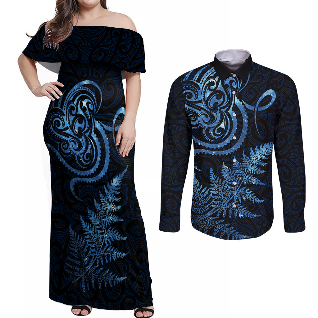 New Zealand Octopus Tattoo and Fern Couples Matching Off Shoulder Maxi Dress and Long Sleeve Button Shirt Maori Pattern Matariki Style LT03 Blue - Polynesian Pride