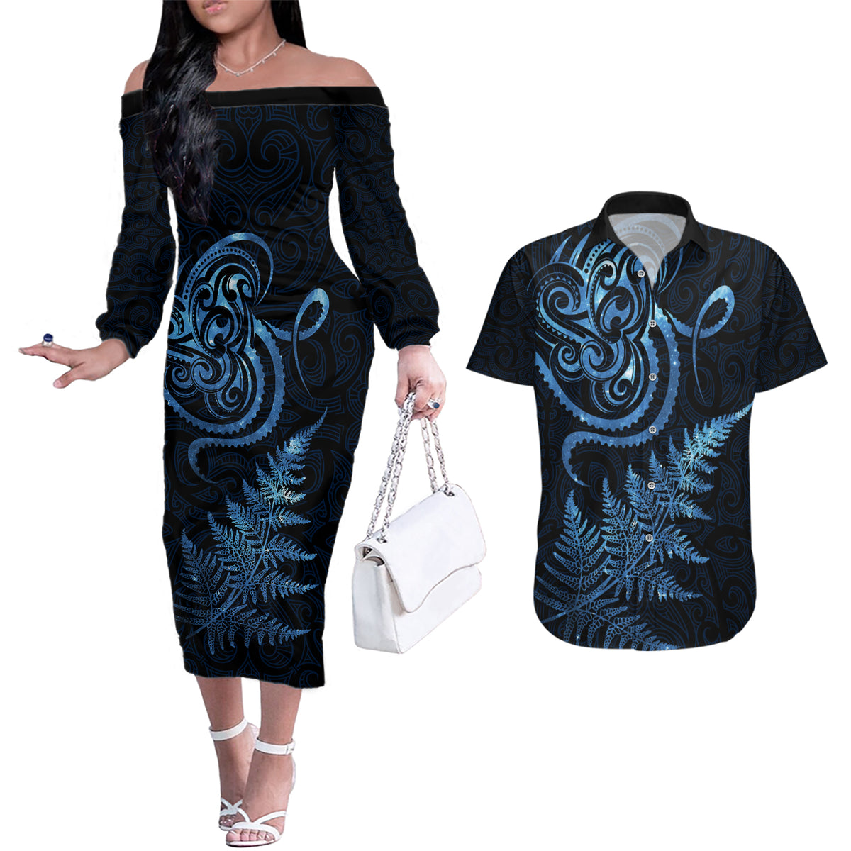 New Zealand Octopus Tattoo and Fern Couples Matching Off The Shoulder Long Sleeve Dress and Hawaiian Shirt Maori Pattern Matariki Style LT03 Blue - Polynesian Pride