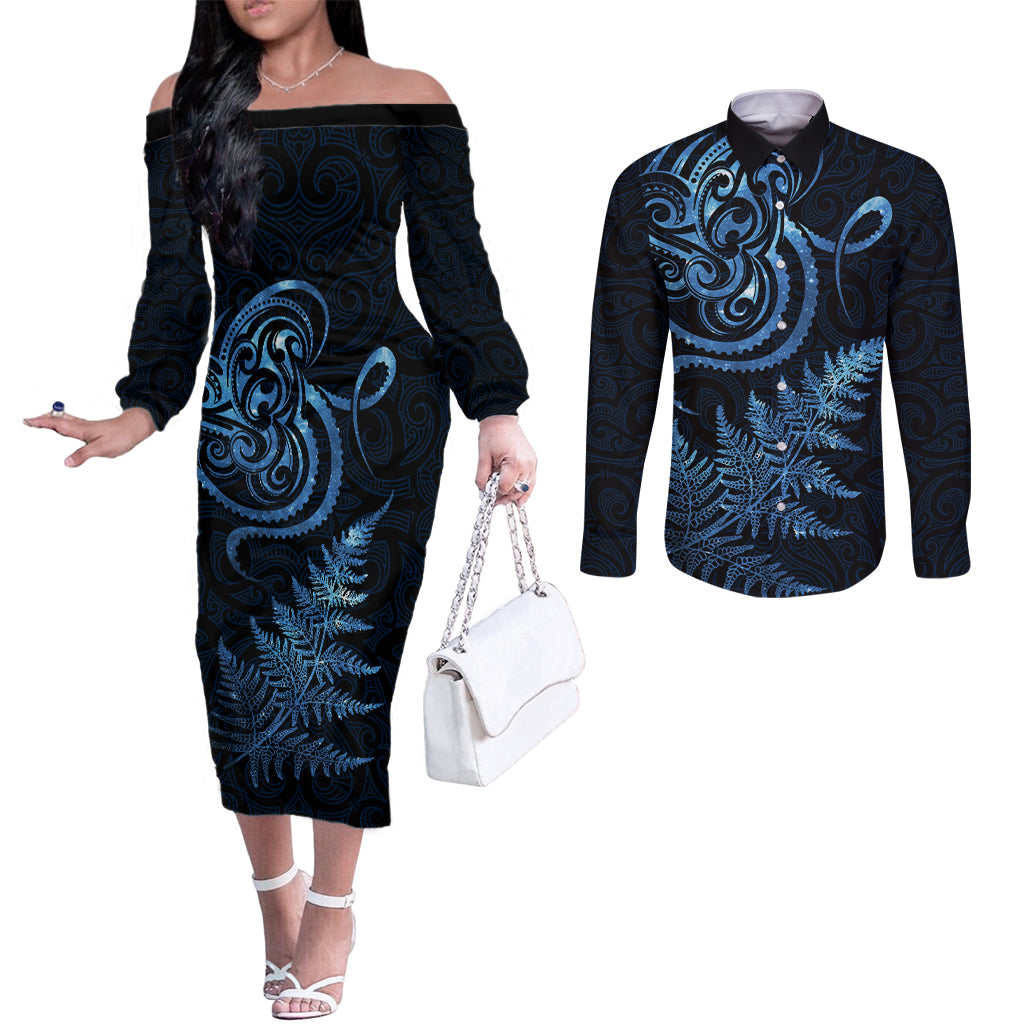 New Zealand Octopus Tattoo and Fern Couples Matching Off The Shoulder Long Sleeve Dress and Long Sleeve Button Shirt Maori Pattern Matariki Style LT03 Blue - Polynesian Pride