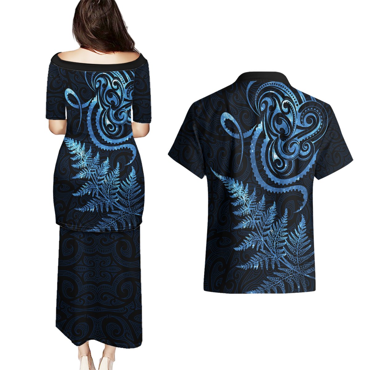 New Zealand Octopus Tattoo and Fern Couples Matching Puletasi and Hawaiian Shirt Maori Pattern Matariki Style LT03 - Polynesian Pride