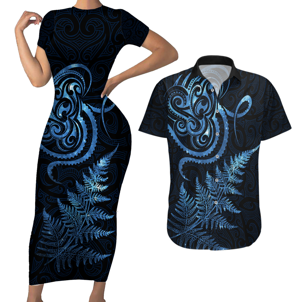 New Zealand Octopus Tattoo and Fern Couples Matching Short Sleeve Bodycon Dress and Hawaiian Shirt Maori Pattern Matariki Style LT03 Blue - Polynesian Pride
