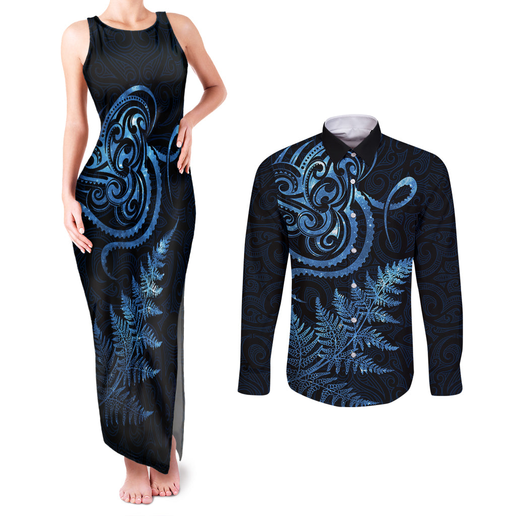 New Zealand Octopus Tattoo and Fern Couples Matching Tank Maxi Dress and Long Sleeve Button Shirt Maori Pattern Matariki Style LT03 Blue - Polynesian Pride